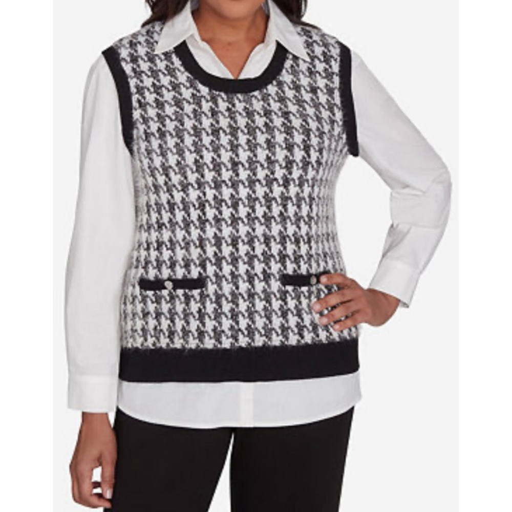 NWT Women's Alfred Dunner M Black White Houndstooth Sweater Vest Layered